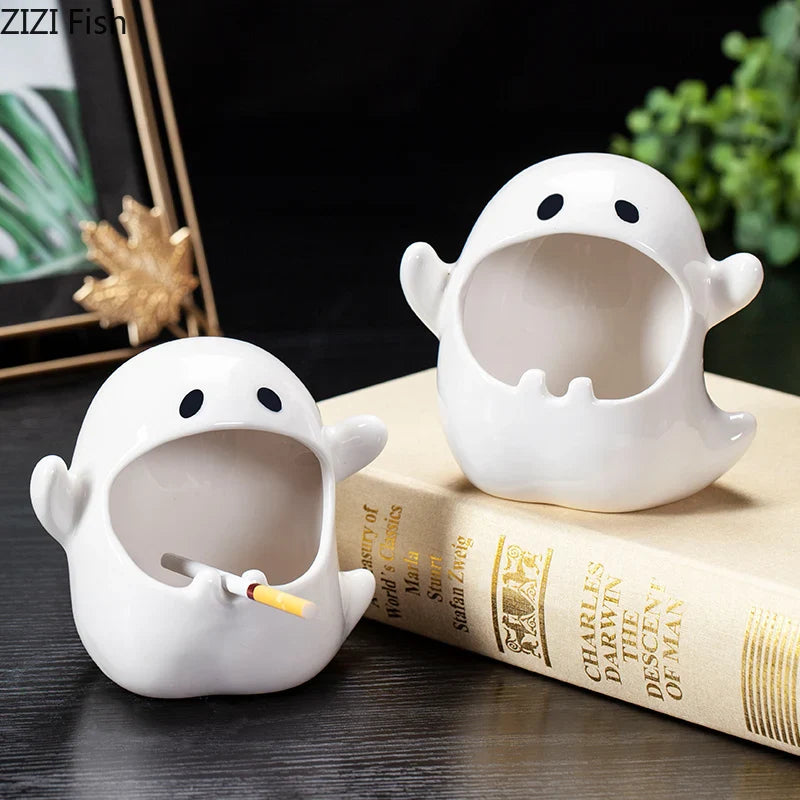 Afralia™ Ghost Genie Halloween Dolls Porcelain Ashtray Cigar Ceramic Desk Decorations