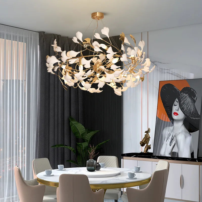 Afralia™ Gold Branches Chandelier Porcelain Leaves Pendant Lights