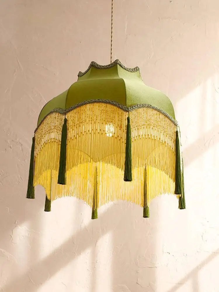 Afralia™ Vintage Green Cloth Tassels LED Ceiling Chandelier Pendant Lights Home Decor