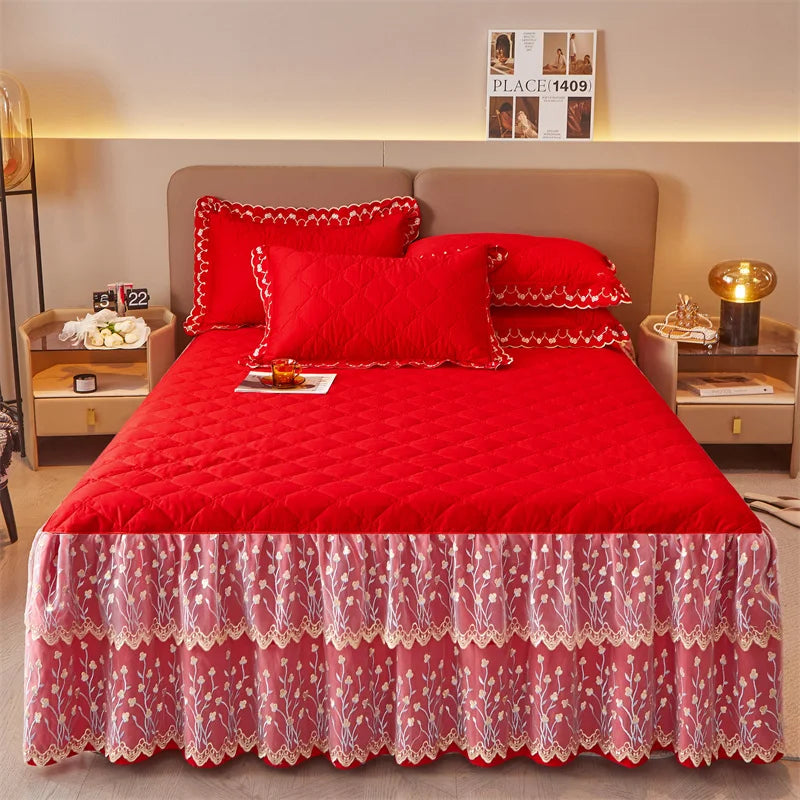 Afralia™ Cotton Lace Ruffles Quilted Bed Skirt Set with Pillowcases