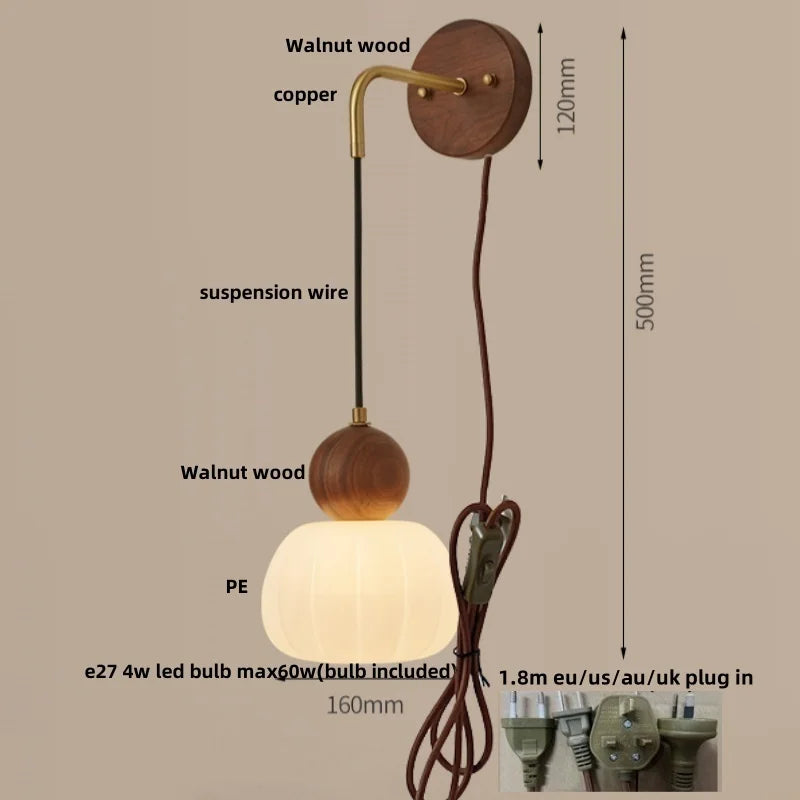 Afralia™ Walnut Wood LED Wall Lamp Sconce Pull Chain Switch Adjustable Art Light