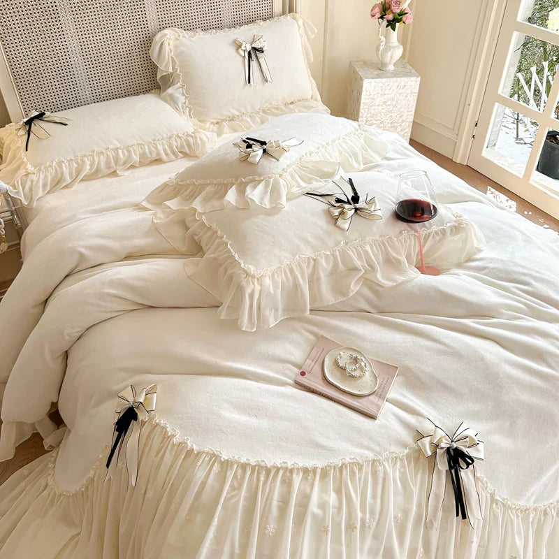 Afralia™ Lace Ruffles Princess Bedding Set, Velvet Duvet Cover, Plush Bed Sheet, Pillowcases