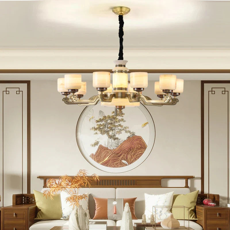 Afralia™ New Chinese Style Chandelier Living Room Light Restaurant Modern Jade Villa Large Pendant Light
