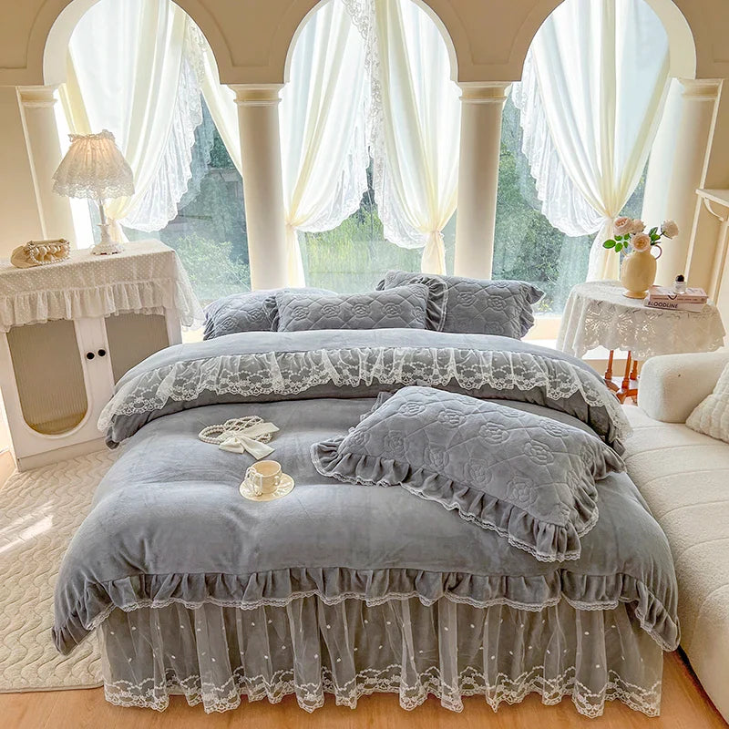 Afralia™ Velvet Princess Lace Ruffles Bedding Set - 4pcs Luxury Solid Color