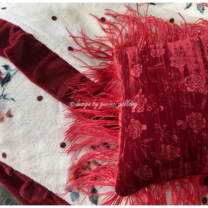 Afralia™ Rose Jacquard Cushion Cover With Feather Fringing, Vintage Red Velvet, 29x29cm
