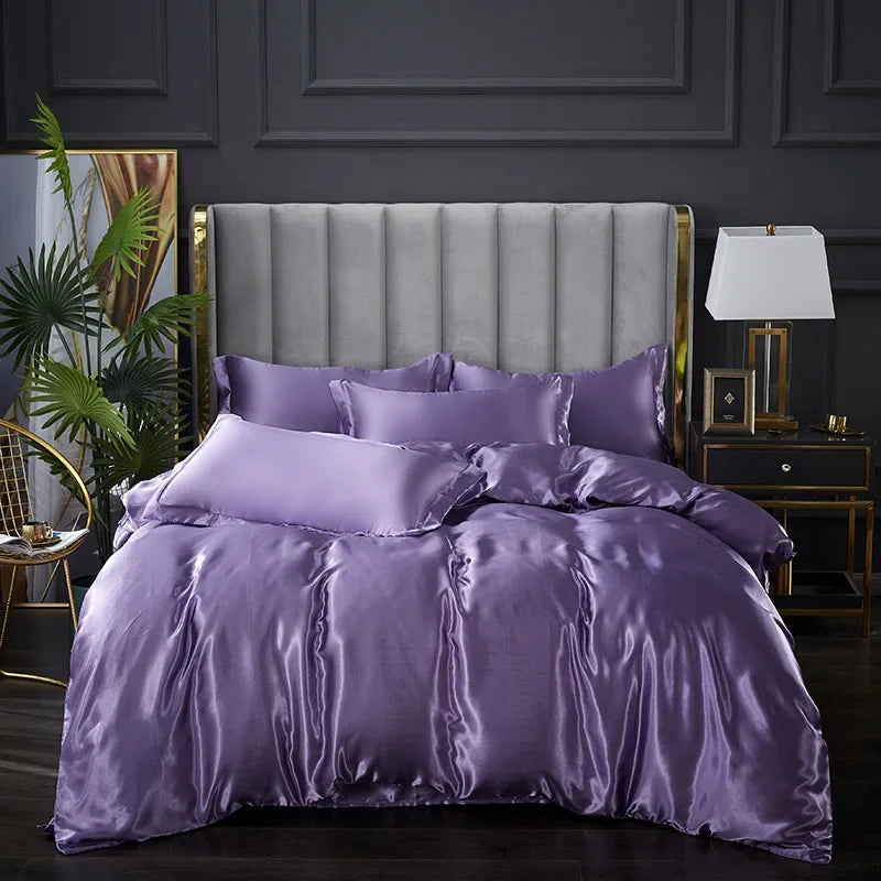Afralia™ Nordic Faux Silk Solid Color Bedding Sets for Queen/King Bed Home Décor