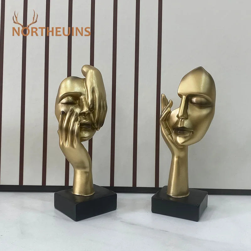 Afralia™ Golden Abstract Mask Statue 16cm Art Figure Thinker for Home Office Decor