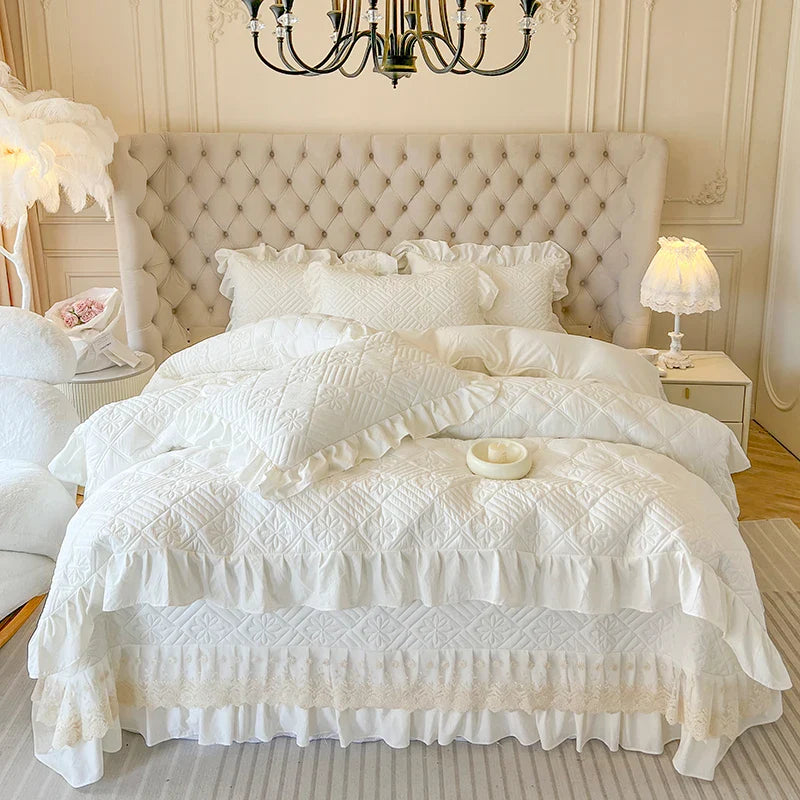 Afralia™ Korean Princess Style Quilted Bedding Set with Lace Ruffles 200x230cm