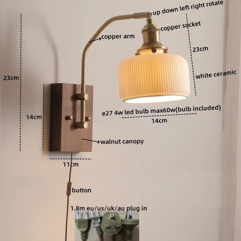 Afralia™ Copper Glass LED Wall Lights Pull Chain Switch Bedside Lamp for Bedroom Living Room