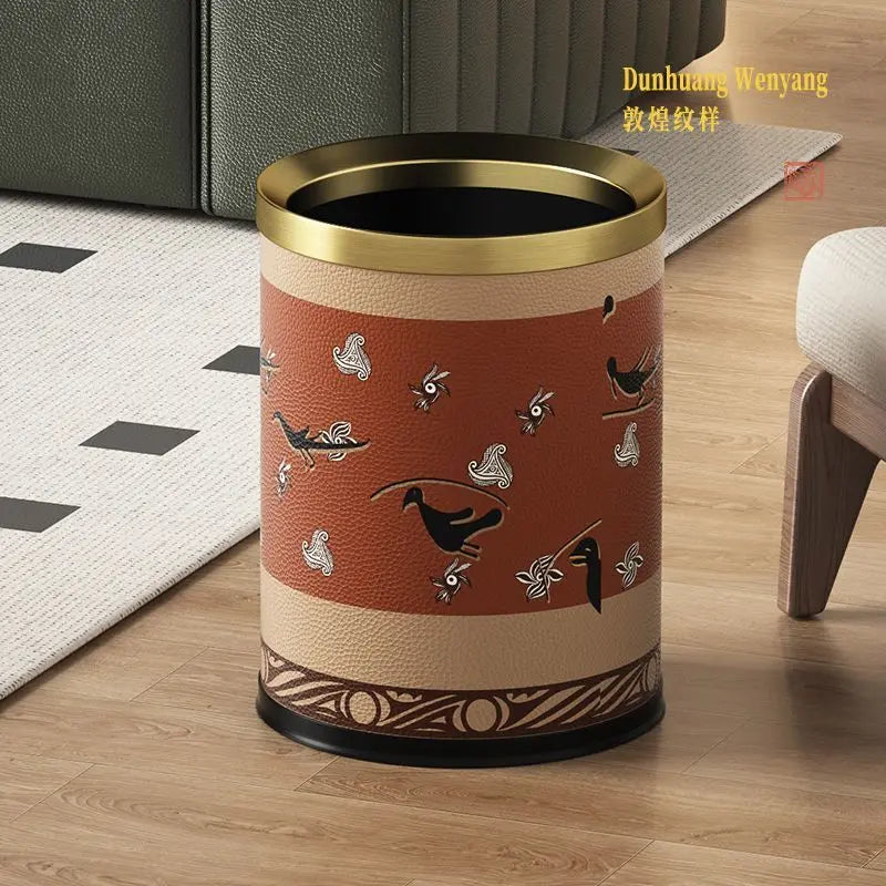 Afralia™ Leather Trash Bin Gold/Silver Metal Large Capacity for Home & Hotel