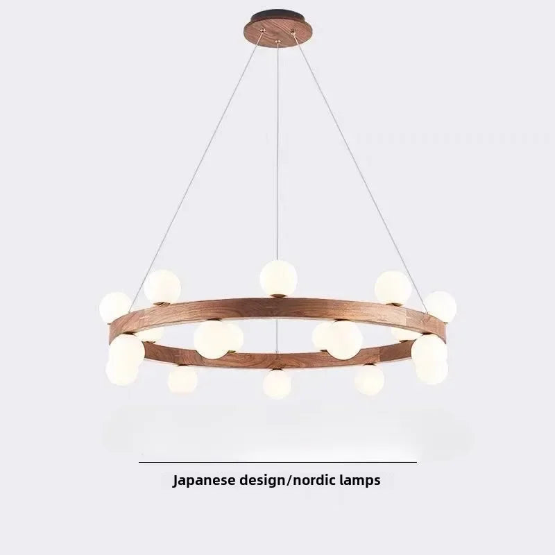 Afralia™ Round Glass Walnut Chandelier Solid Wood Pendant Light for Living Dining Bedroom