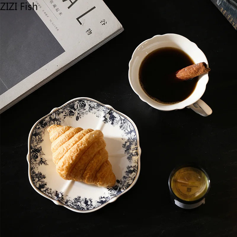 Afralia™ Grey Blue Rose Ceramic Cup & Saucer Set, Classical Mugs for Dining Table and Coffee Mug