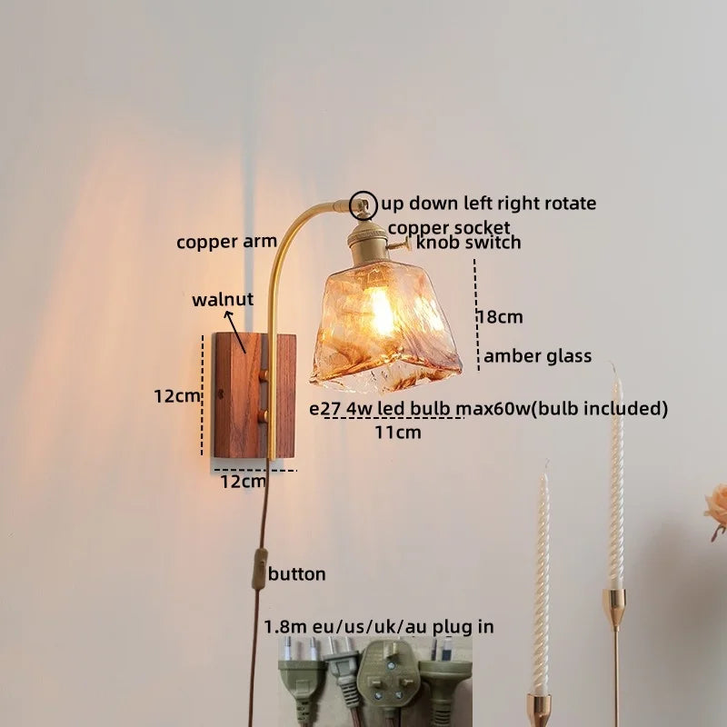 Afralia™ Glass Walnut LED Wall Light - Modern Bedroom Balcony Living Room Lamp