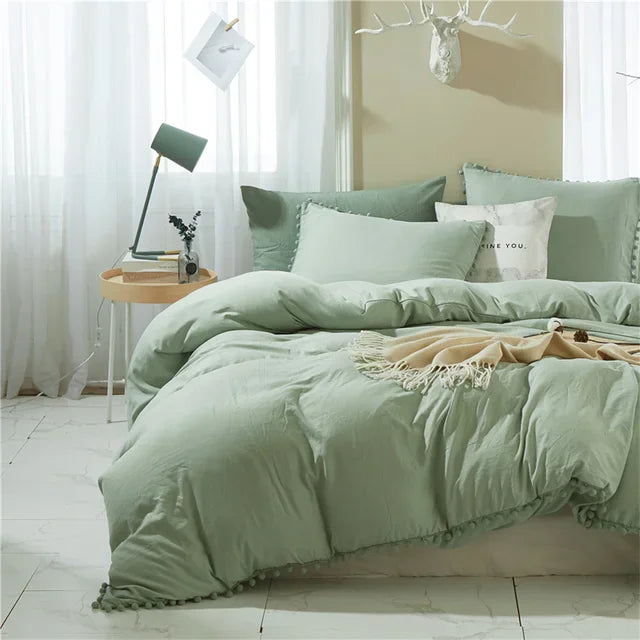 Afralia™ Furball Tasseles Bedding Set | King/Queen Duvet Cover & Washed Quilt Cover Set