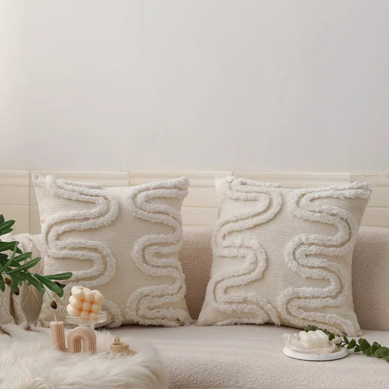 Afralia™ Geometric Waves Tufted Pillow Covers with Embroidered Tassels