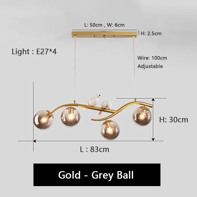 Afralia™ Birds Hanging Glass LED Chandelier in Black & Gold Iron - Modern Kitchen Island Light