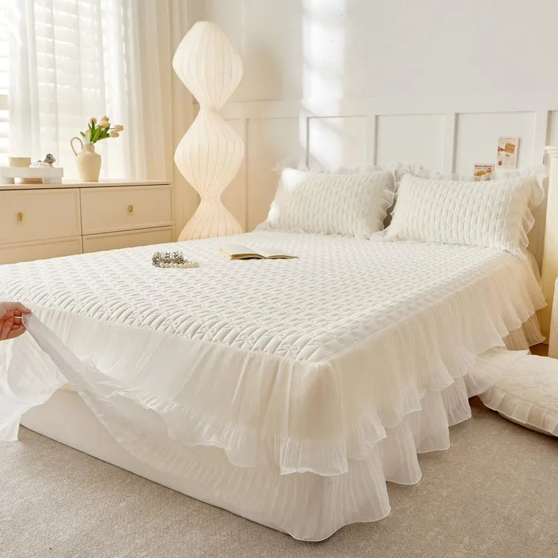 Afralia™ Lace Ruffles Cooling Bed Skirt Set with Pillowcases