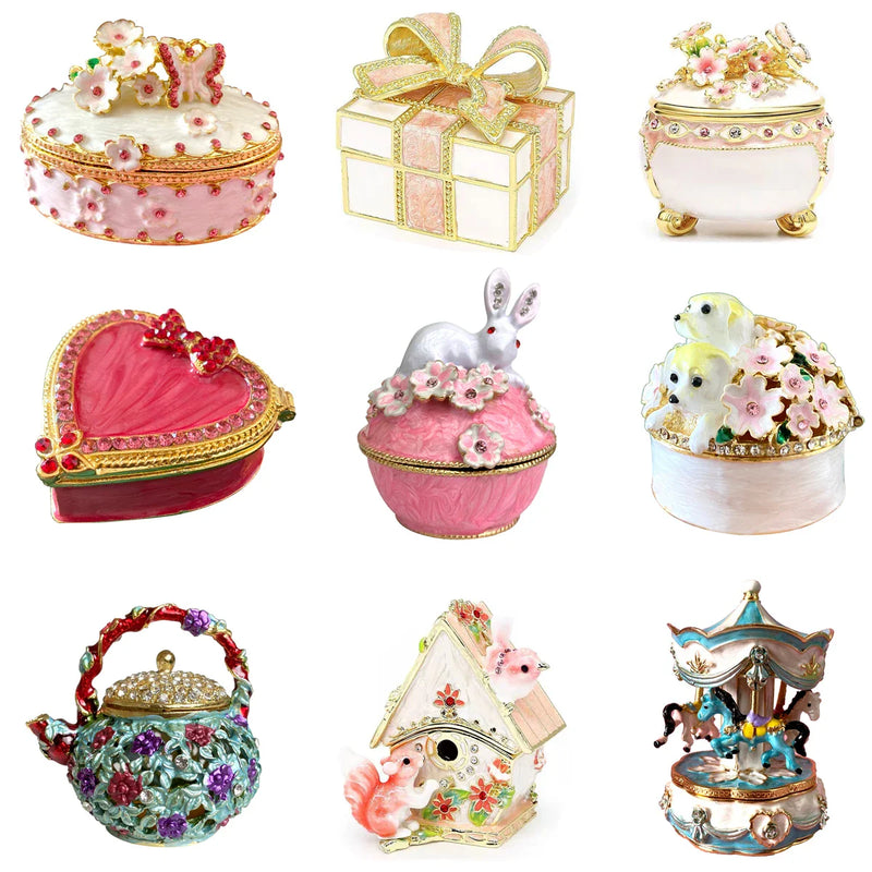 Afralia™ Enameled Metal Jewelry Trinket Box Figurines Hand Painted Storage Case