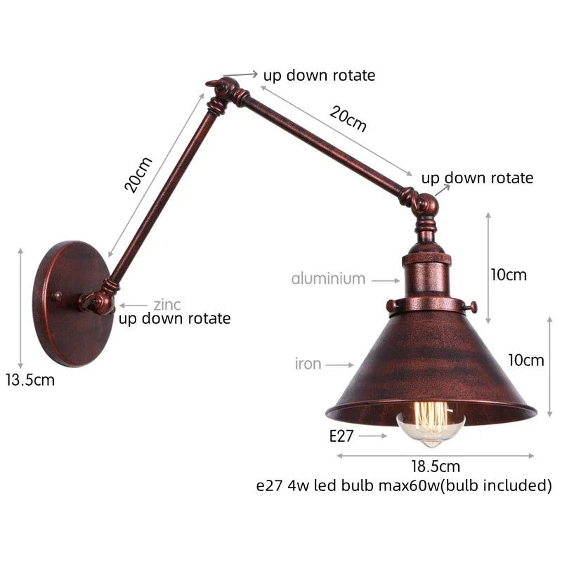 Afralia™ Industrial Loft LED Wall Lamp Black Vintage Swing Arm Mirror Light