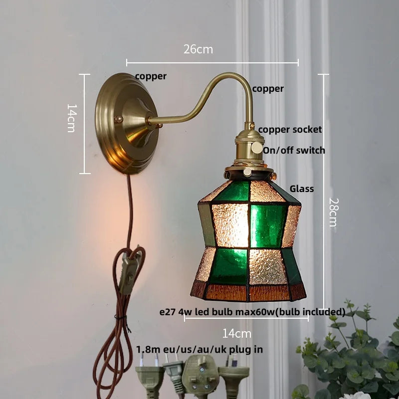 Afralia™ Vintage Green LED Wall Lights with Copper Knob Switch & Glass Shade