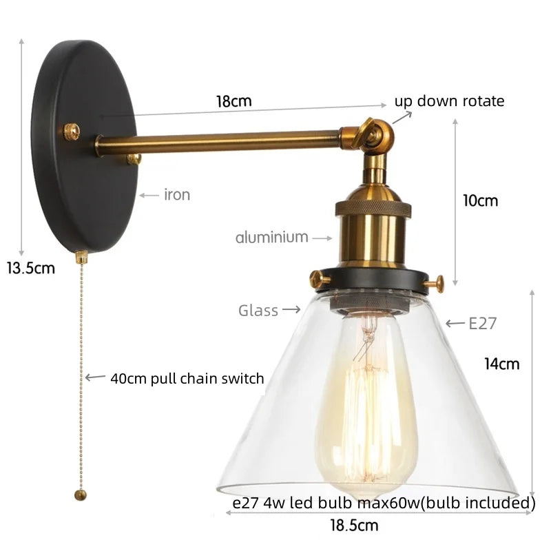 Afralia™ Clear Glass Iron LED Wall Sconce Rustic Industrial Vintage Plug In Light