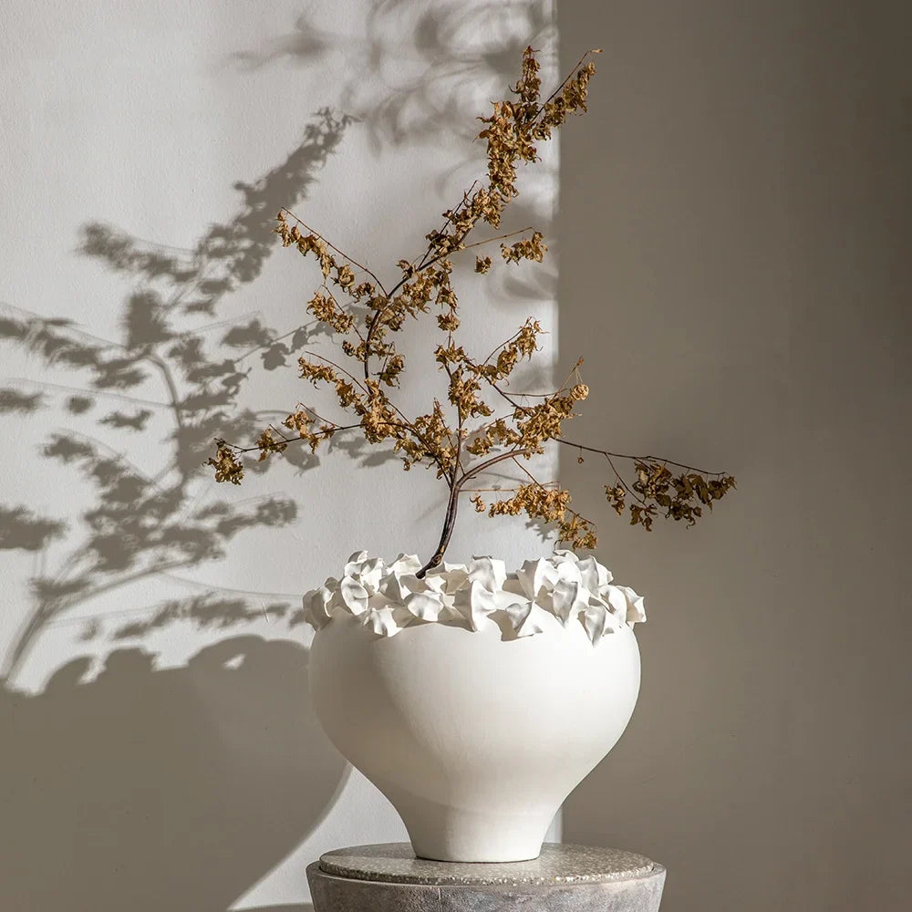 Afralia™ Embossed Flower Vintage White Porcelain Vase - Home Decor Accent