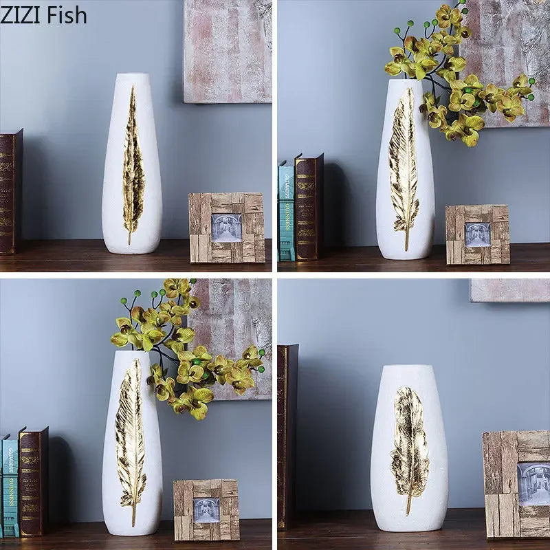 Afralia™ Gold Feather Vase & Artificial Flowers Set - Modern Home Decor