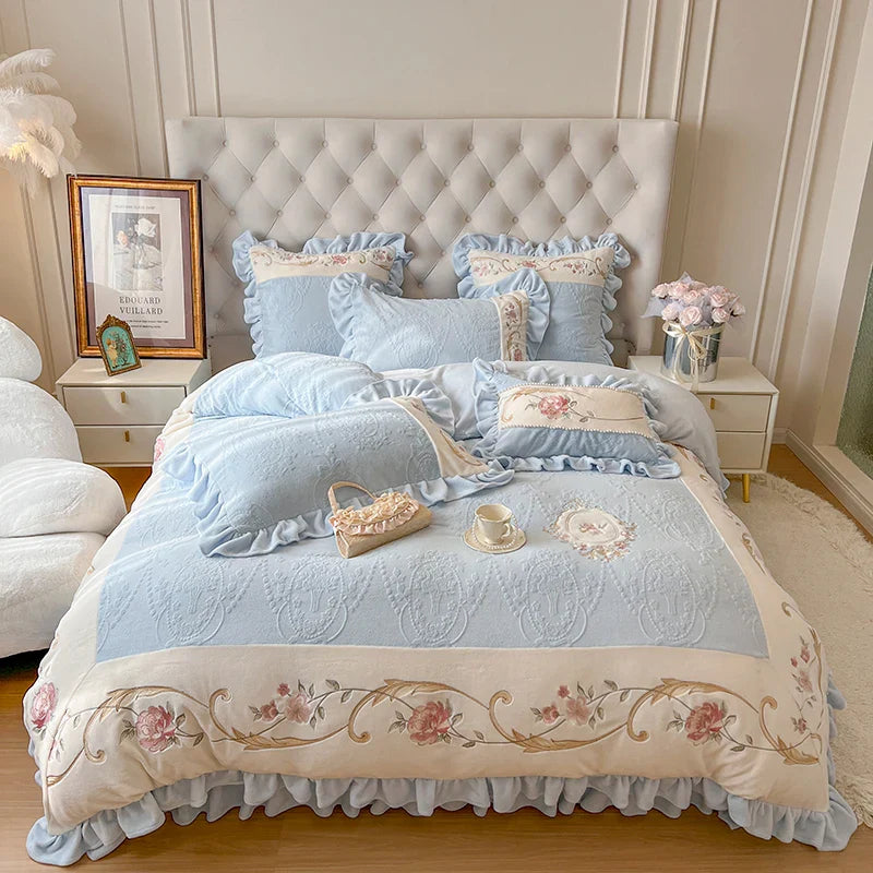 Afralia™ Vintage French Velvet Lace Embroidery Bedding Set with Ruffles Flowers