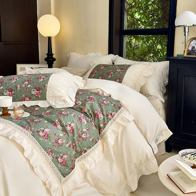 Afralia™ French Flowers Lace Ruffles Cotton Bedding Set with Duvet Cover, Bed Skirt, and Pillowcases