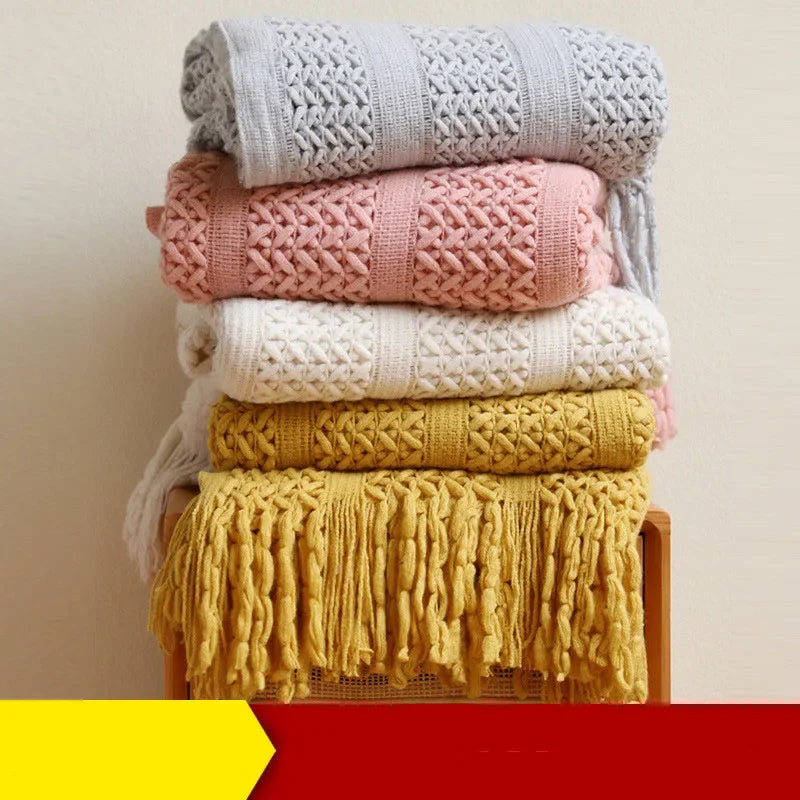 Afralia™ Nordic Knitted Sofa Blanket with Tassels - Solid Color Siesta Shawl Blanket