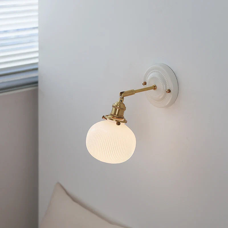 Afralia™ White Glass LED Wall Lights Pull Chain Switch Copper Arm - Bedroom Stair Living Room Mirror Bedside Lamp