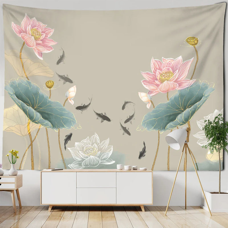 Afralia™ Koi Lotus Ink Tapestry Wall Hanging - Bohemian Aesthetics Home Decor
