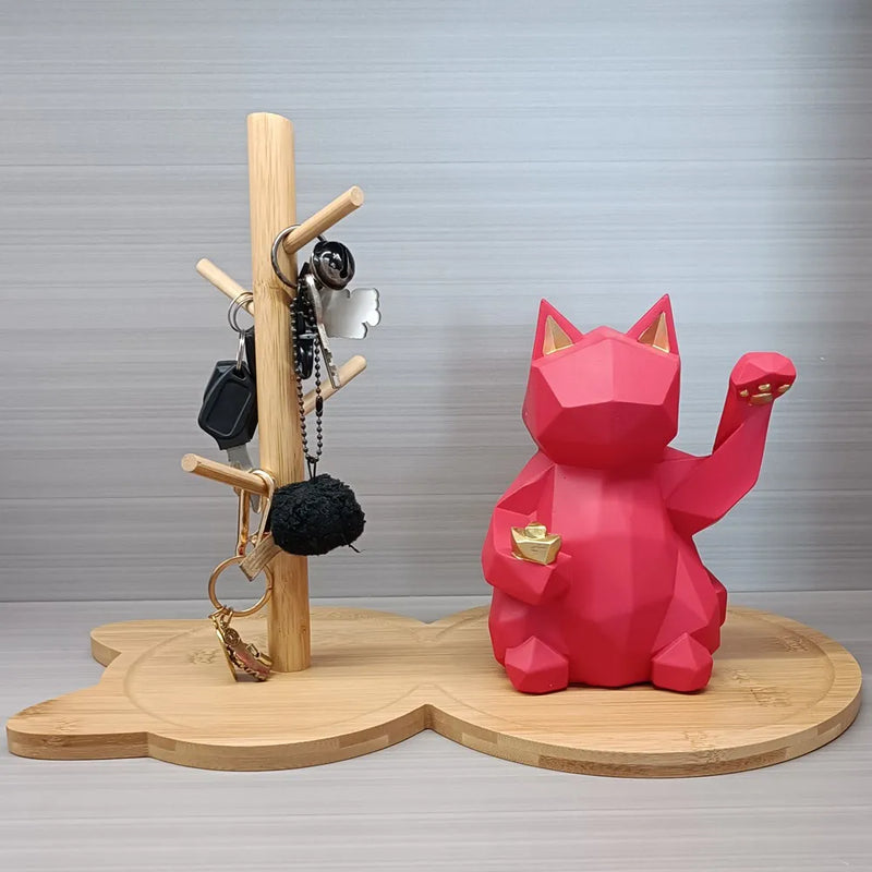 Afralia™ Cat Wooden Key Rack Holder Tray Tree Branch Hook Desktop Storage