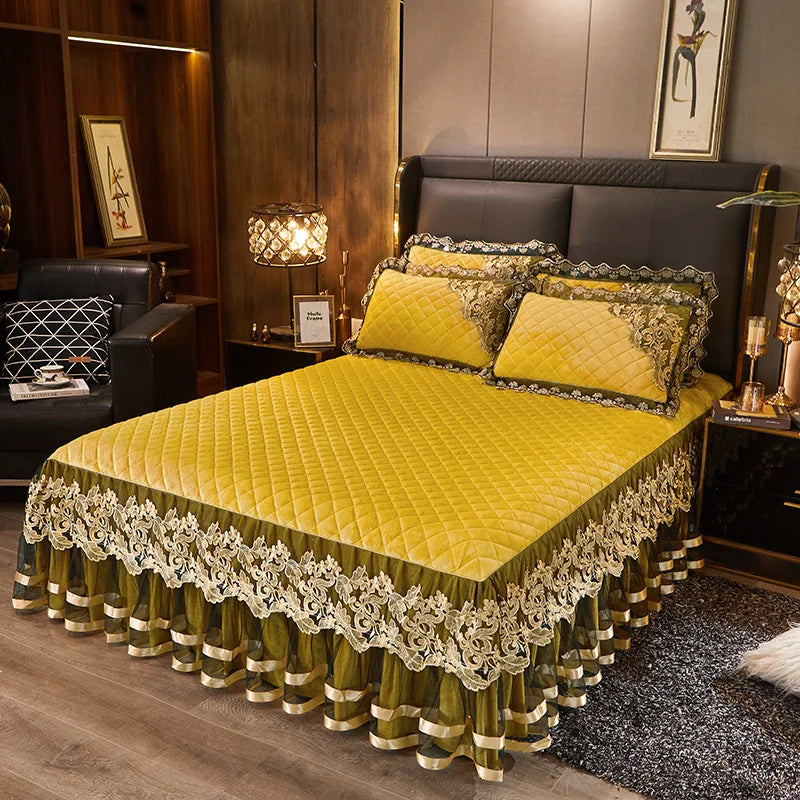 Afralia™ Black Gold Luxury Crystal Velvet Bedding Set with Quilted Embroidery & Ruffles