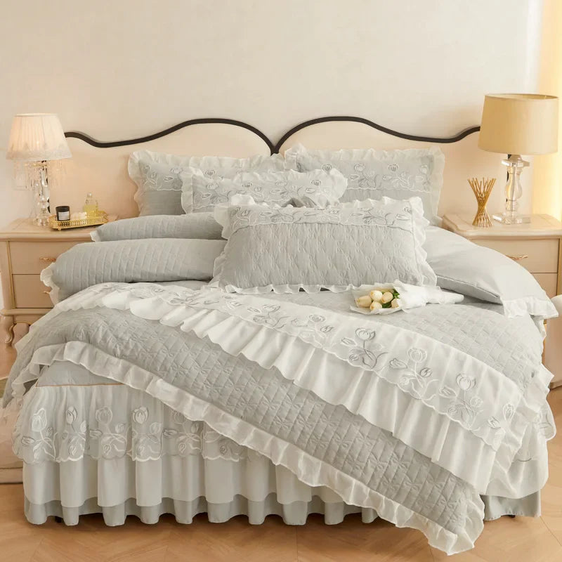 Afralia™ Quilted Embroidery Bedding Set with Lace Ruffles, Duvet Cover, Bed Skirt - Various Colors