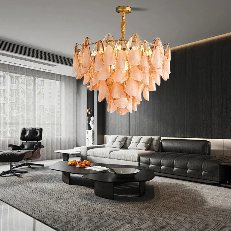Afralia™ Gold Chrome Dimmable Amber Glass Petal Chandelier – French Design Luxury Hanglamp