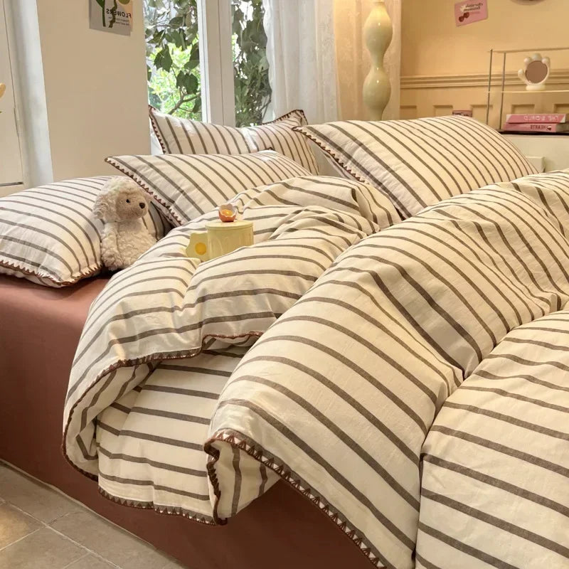 Afralia™ Striped Shell Edge Bedding Set | Cozy Washed Cotton Fitted Sheet Set