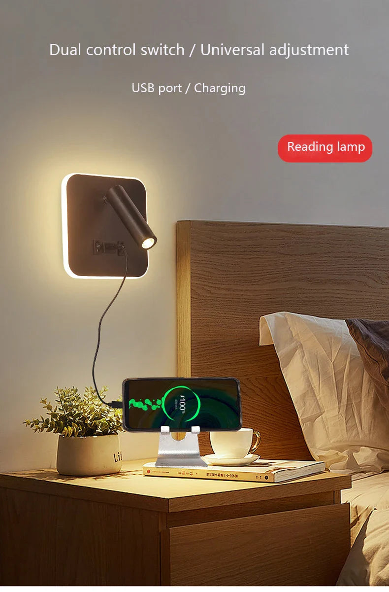 Afralia™ LED Wall Lamp USB Charging Bedroom Hotel Bedside Reading Sconce Switch