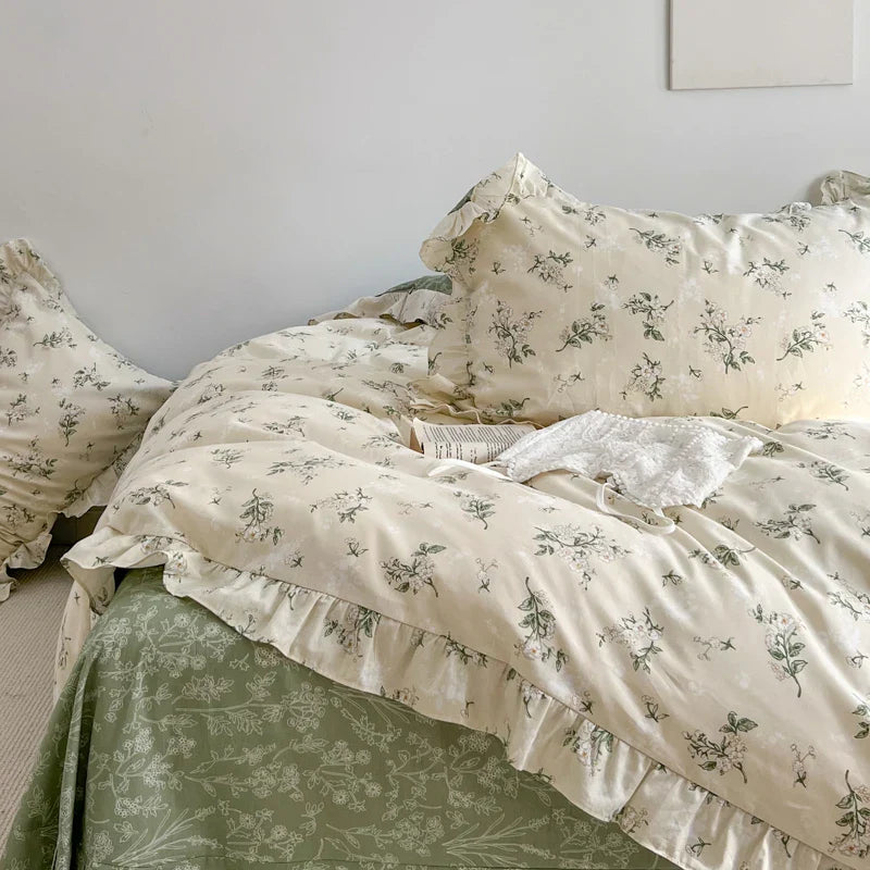 Afralia™ Floral Lace Ruffle Bedding Set, Fresh Flower Single Duvet Cover, 100% Cotton