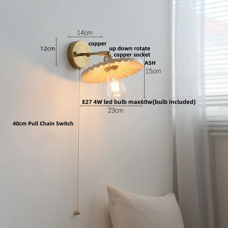 Afralia™ Walnut Wood LED Wall Sconce, Pull Chain Switch, Copper Socket, Bedroom Aisle Hallway