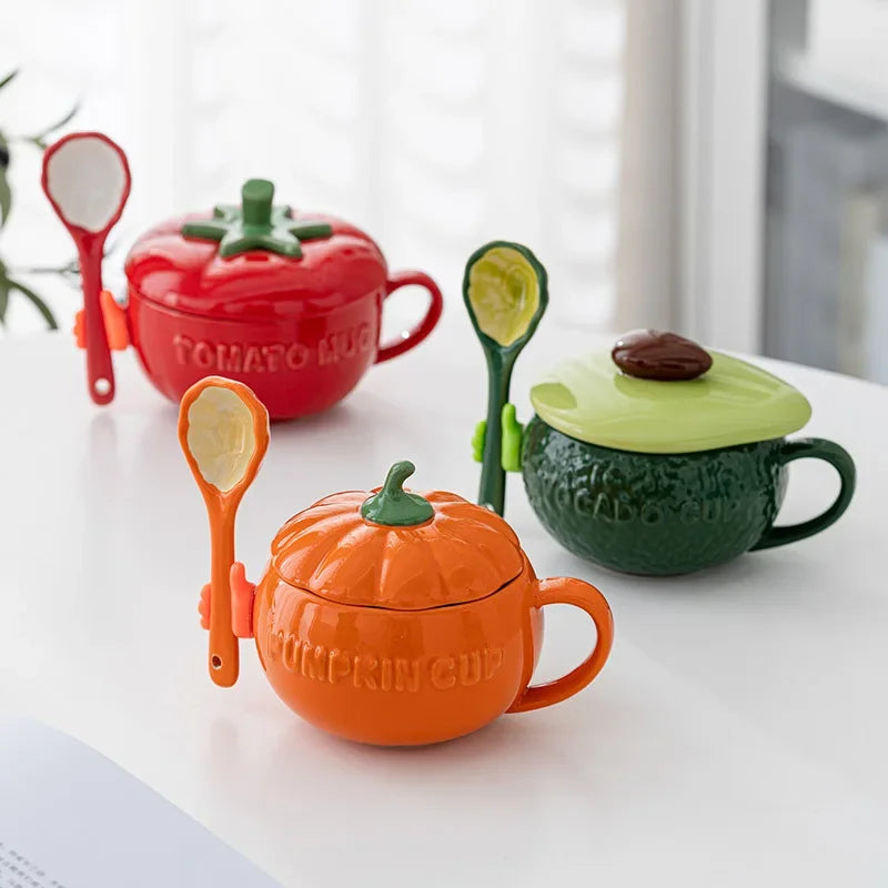 Afralia™ Pumpkin Cute Cup Set with Lid and Spoon for Trendy Students - Ceramic Breakfast Mug