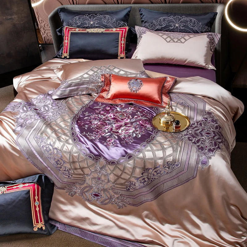 Afralia™ Palace Style Purple Flowers Bedding Set Embroidered Brocade Duvet Cover Sheets Pillows