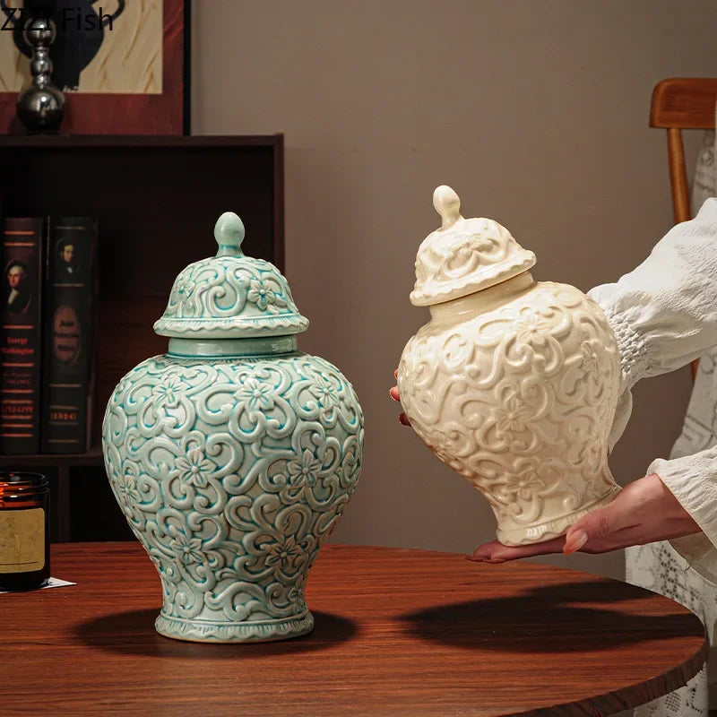 Afralia™ Flower Relief Ceramic Vase General Jar for Table Decoration and Floral Arrangement