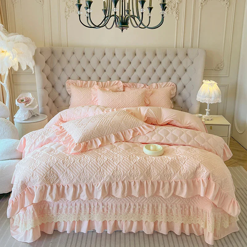 Afralia™ Korean Princess Style Quilted Bedding Set with Lace Ruffles 200x230cm