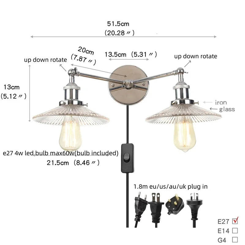 Afralia™ Chrome LED Wall Sconce Pull Chain Switch Industrial Loft Bathroom Mirror Light