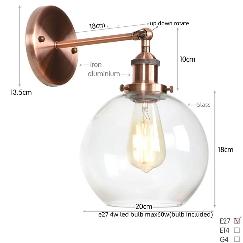 Afralia™ Glass Globe LED Wall Sconce Modern Industrial Rustic Vintage Bedside Lamp