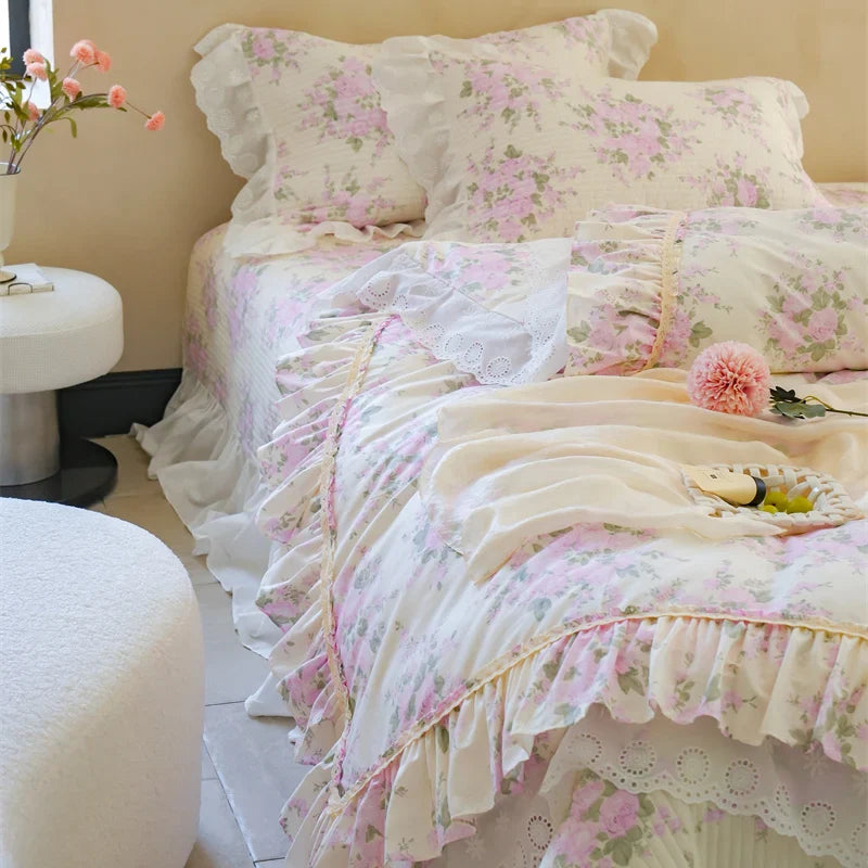 Afralia™ Pure Cotton Floral Quilted Bedding Set with Lace Ruffles