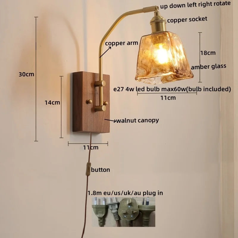 Afralia™ Copper Glass LED Wall Lights Pull Chain Switch Bedside Lamp for Bedroom Living Room