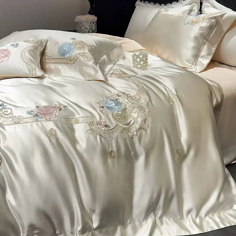 Afralia™ Luxe Brocade Cotton Flowers Embroidery Bedding Set Cream/Champagne Patchwork
