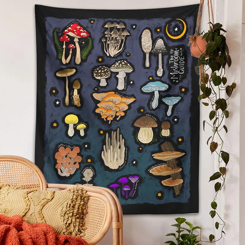 Mushroom Moon Moth Tapestry Wall Hanging by Afralia™ - Aesthetic Retro Psychedelic Decor